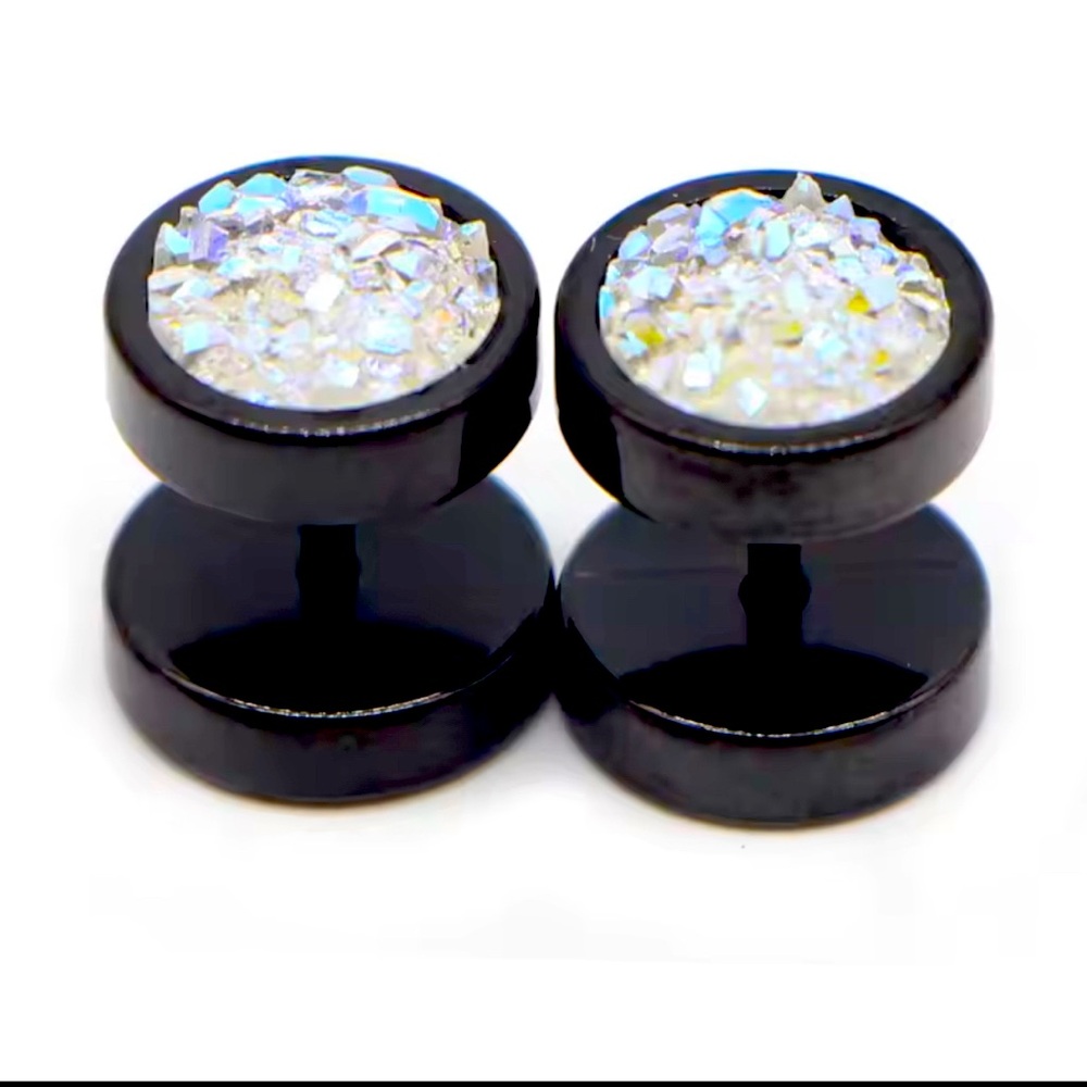 10mm Black Circle Stud Earrings color: Black and Iridescent AB (New NEVER WORN)